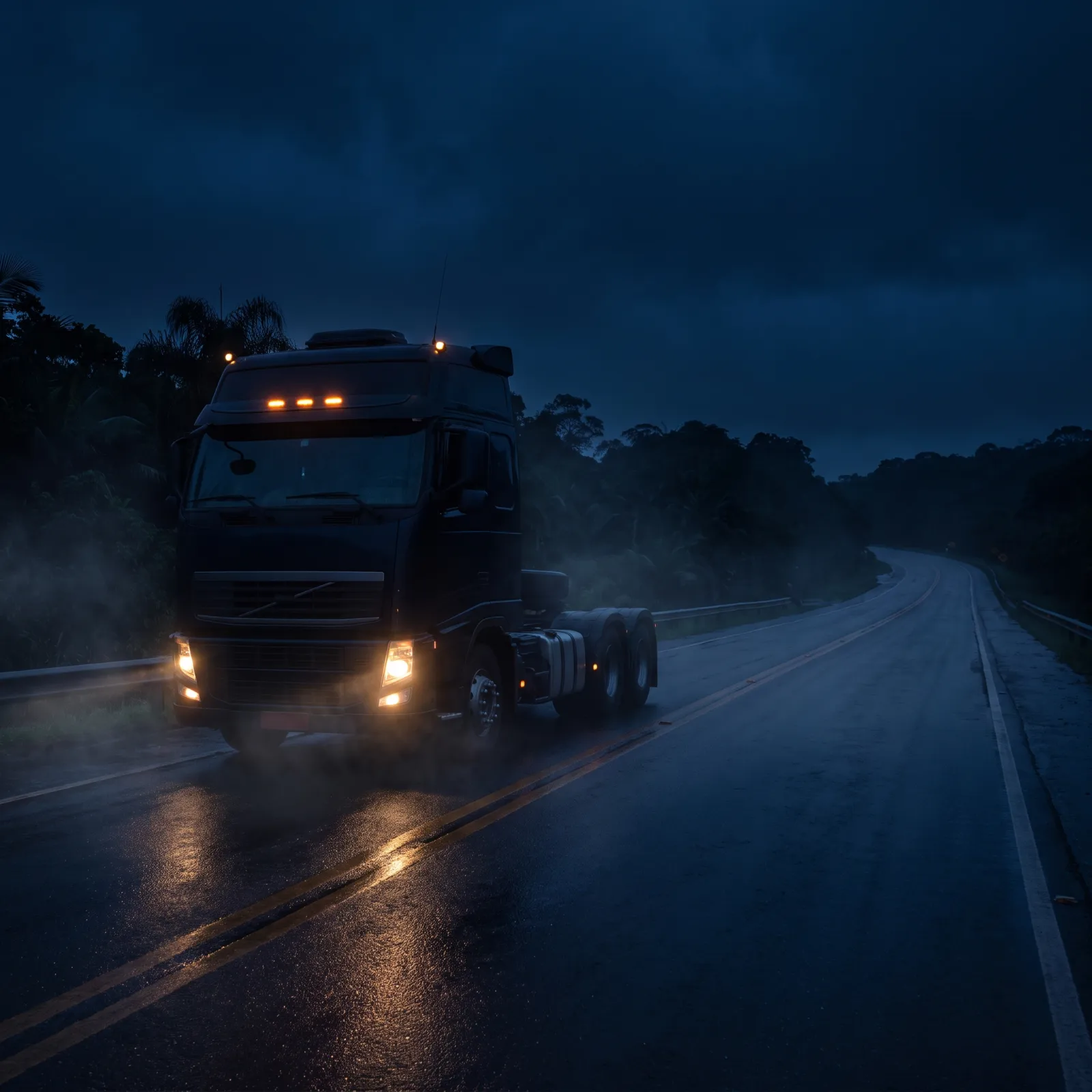 Caminhão na BR-470 à noite, faróis acesos, pista molhada